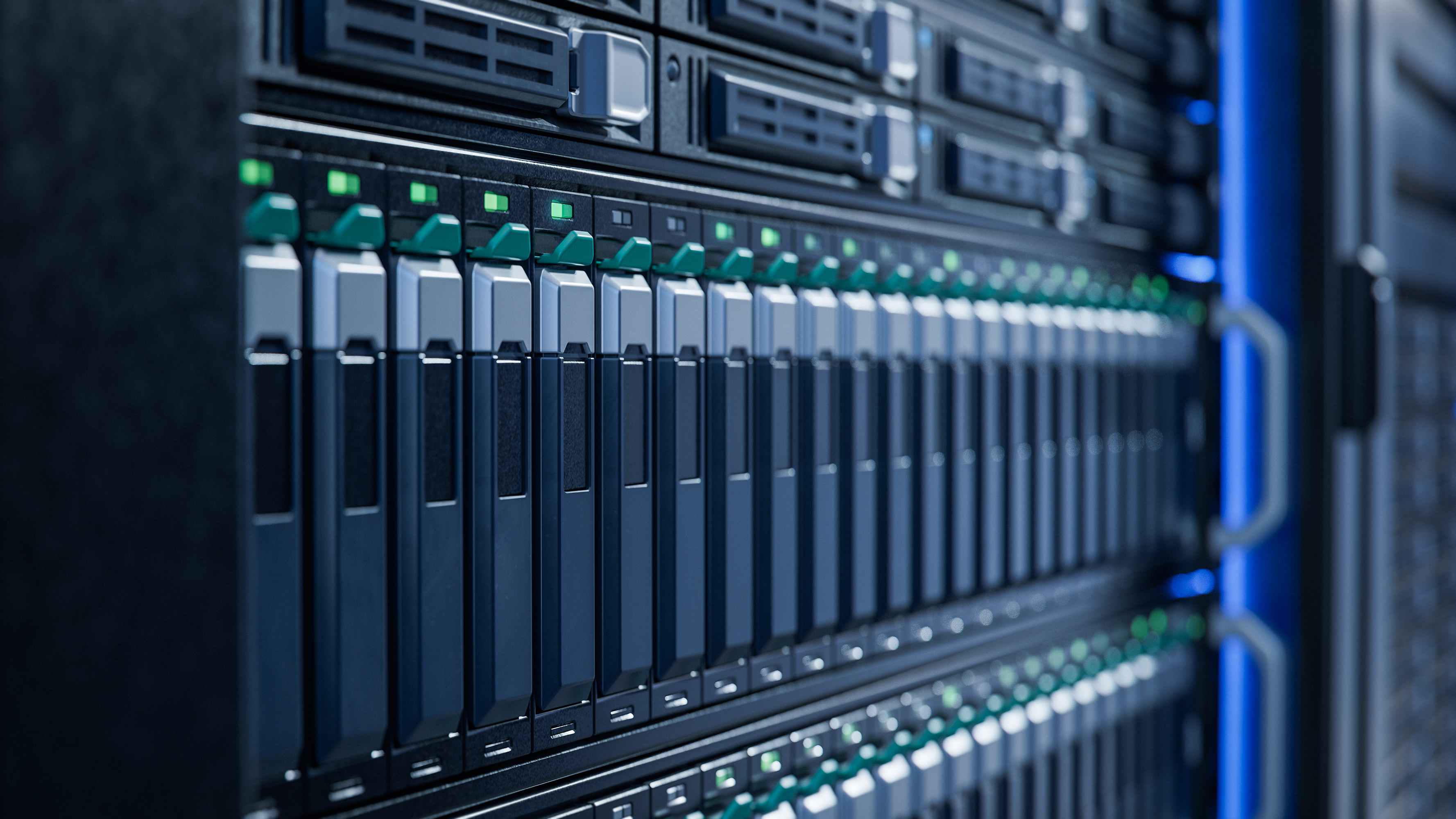 A close-up of a server rack in a data center, showing rows of hard drives or storage units with indicator lights.