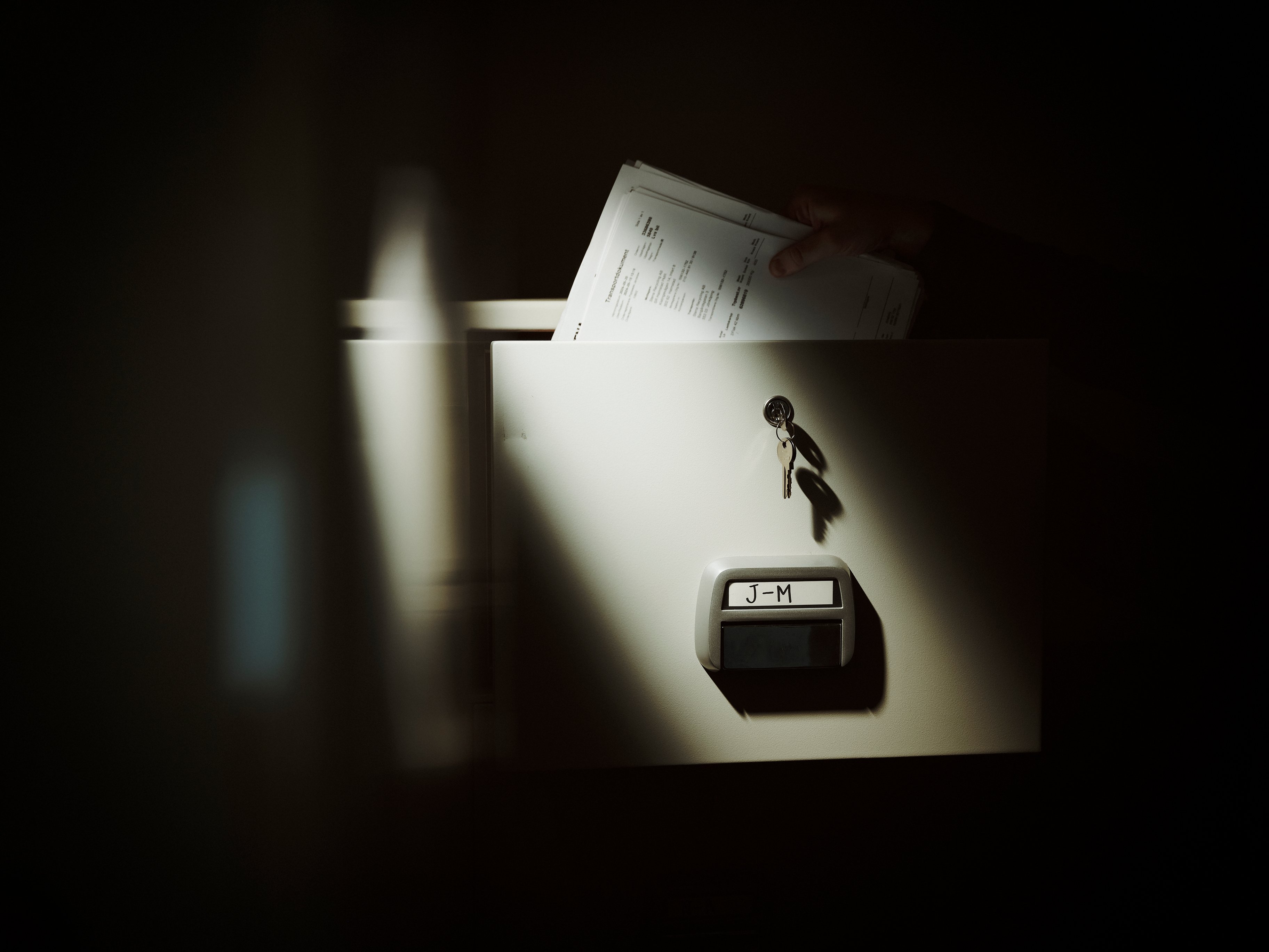 The front of a filing cabinet.